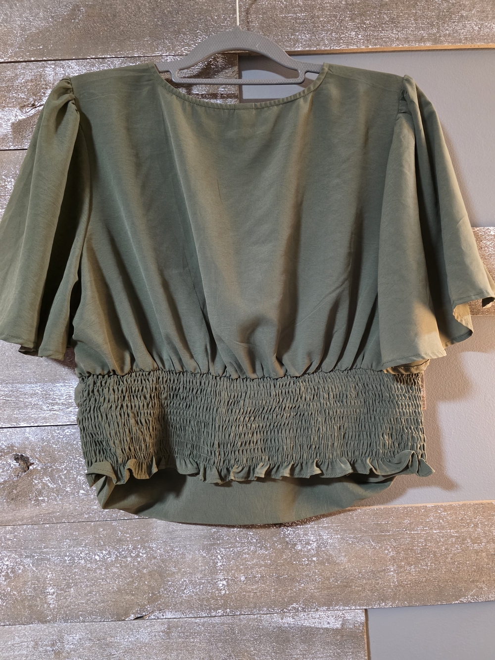 SHEIN Olive Green V-Neck Flutter Sleeve Wrap Top - Picture 2 of 4